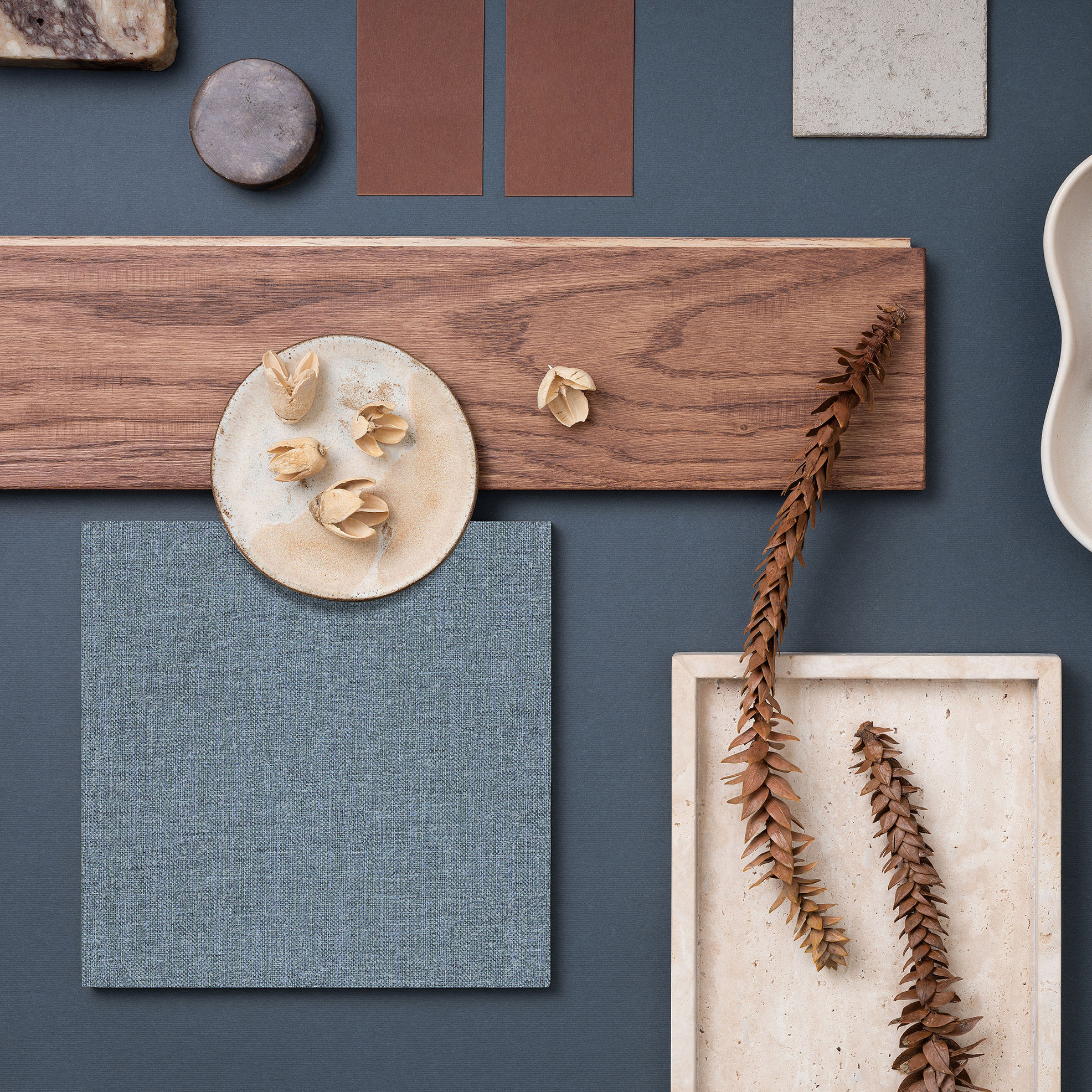 Elegant flat lay composition with textile and paint samples, pan