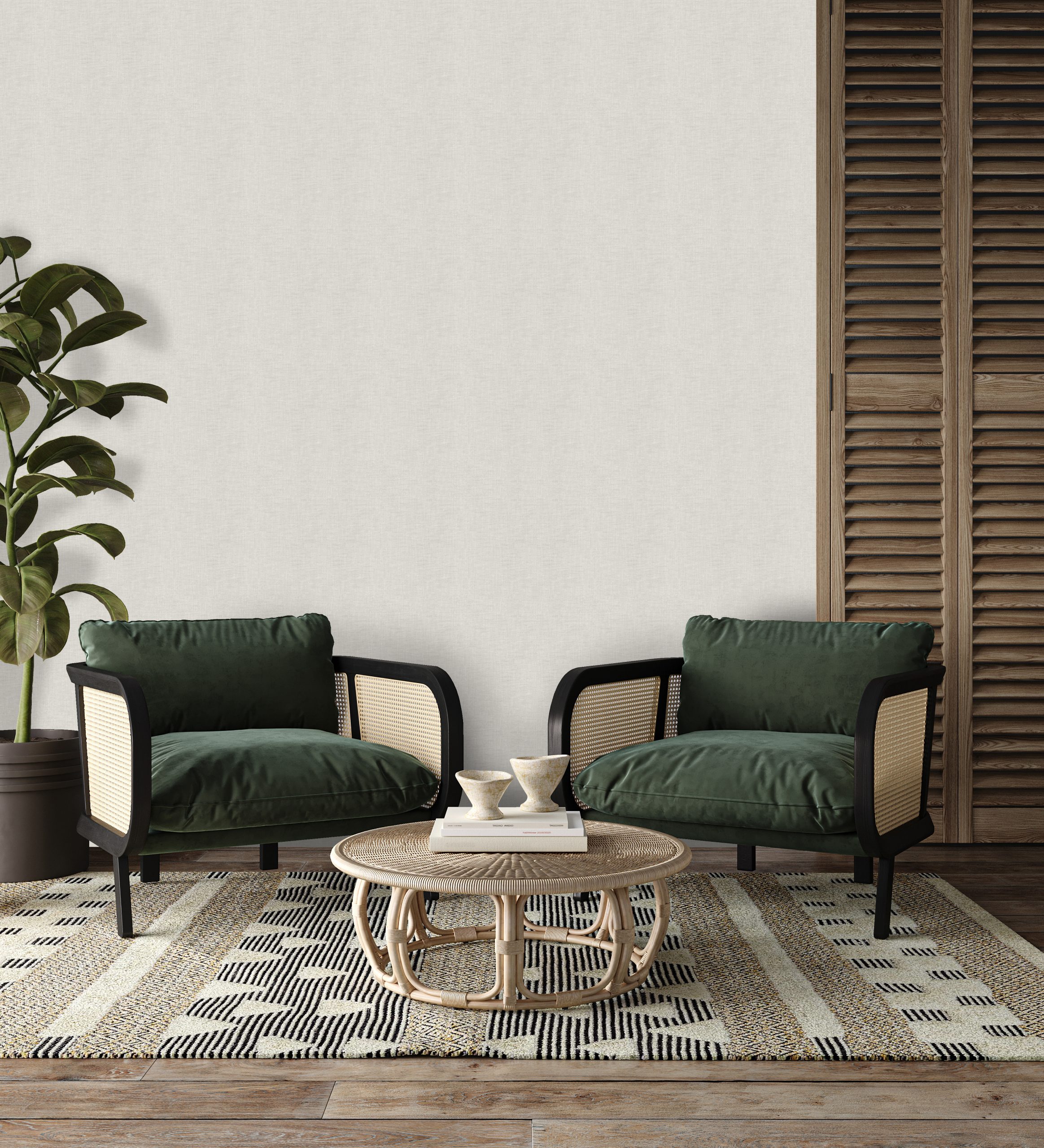 Australian minimalism concept style of livingroom with brown floor and wicker armchair. Mockup empty wall. Creative large carpet and furniture. 3d rendering. High quality 3d illustration
